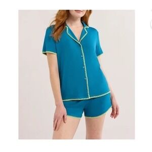 New Joyspun‎ Pajama Set Notch Top + Shorts Super Soft Teal Women's Med (8-10)